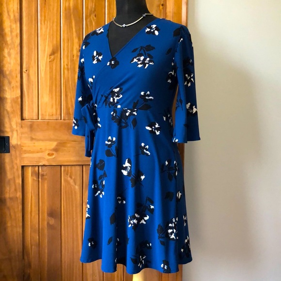Blue Floral Dress - Faux Wrap - Picture 1 of 8